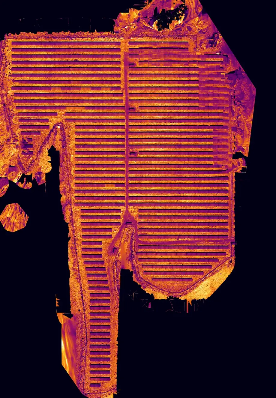 Thermal orthomosaic of the demo site. The whole site is shown on one map, and temperature differences can be distinguished for each module.