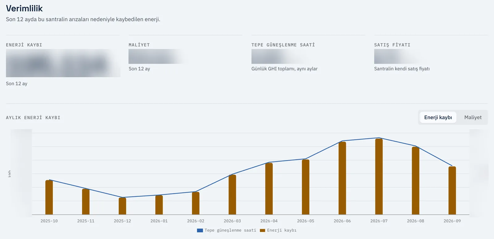 Platform screen. The efficiency page: energy loss, cost, peak sun hours and sale price tiles, with the monthly energy loss chart for the last twelve months below. All values and axis numbers are hidden.