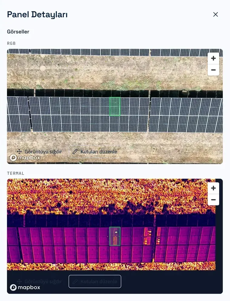 Platform screen. The card of a panel selected on the plant map is open. It shows the panel's raw RGB frame and raw thermal frame, with the panel marked by a green box in both. The counts in the legend are hidden.