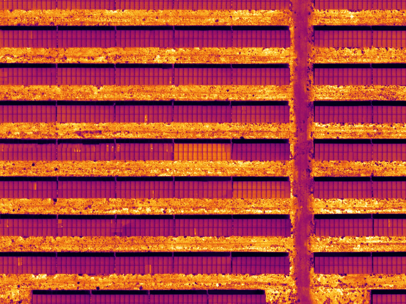 Thermal image of a few rows of the demo site. Detected module outlines and flagged deviations drawn over the image.