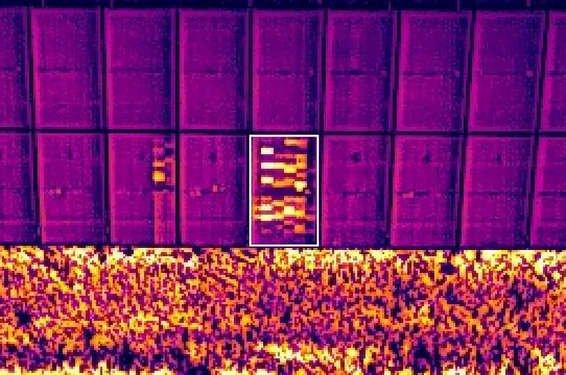 Ters polarite. Gerçek bir GES termal denetiminden termal görüntü, komşularına göre tepe sıcaklık farkı +14.6 K.