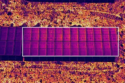 String fault (3 or more consecutive modules). Thermal image from a real inspection, a whole table with its neighbours.